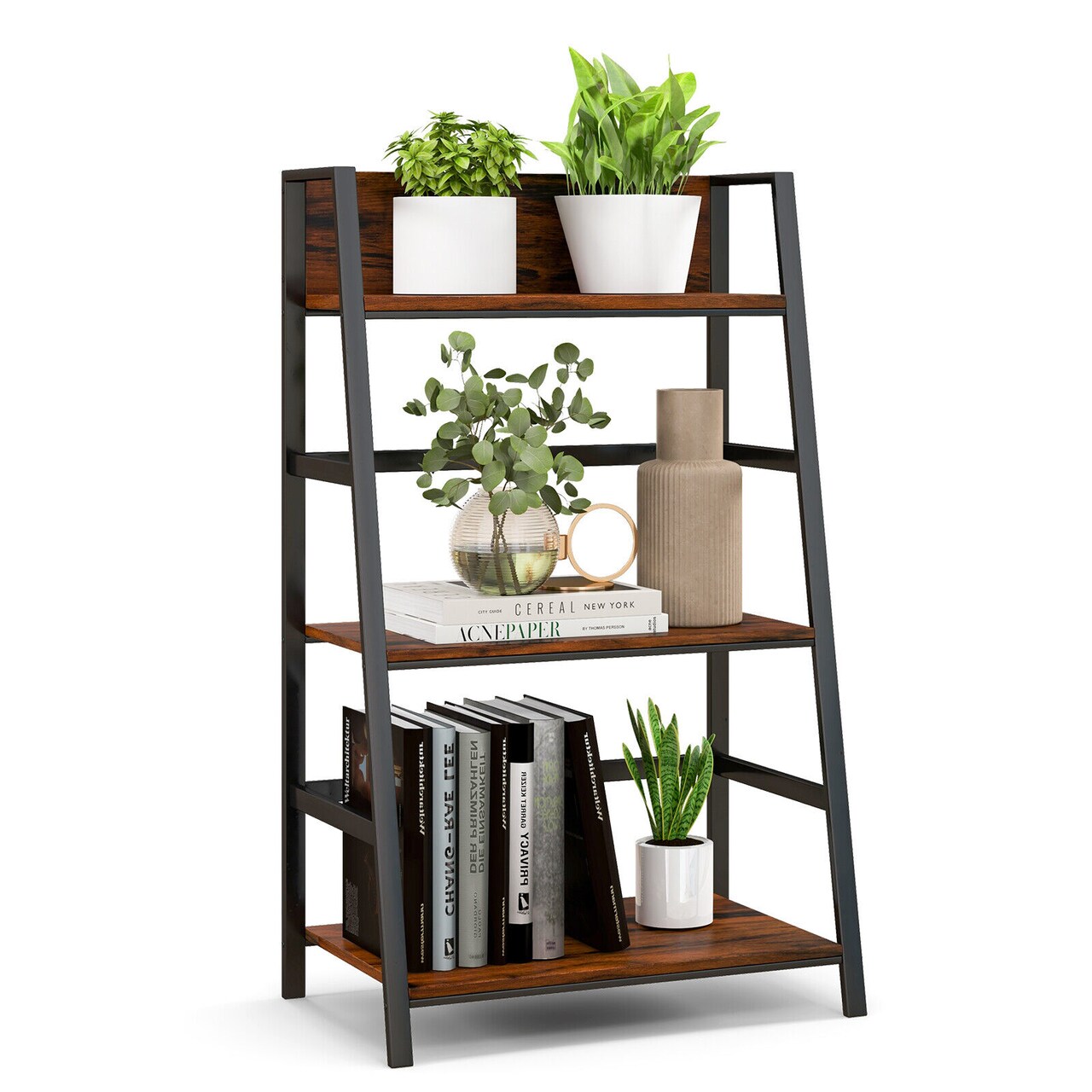Ladder Shelf 3 Tier Open Storage for Living Room Rustic Brown Black